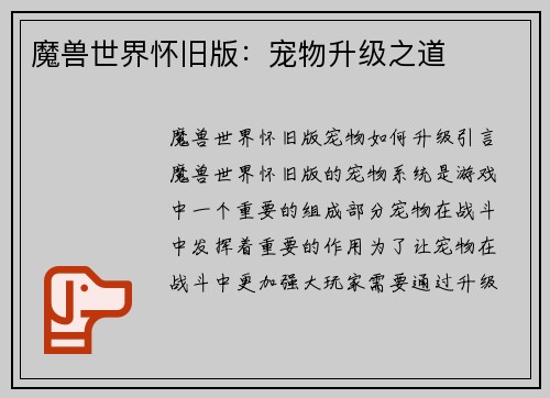 魔兽世界怀旧版：宠物升级之道