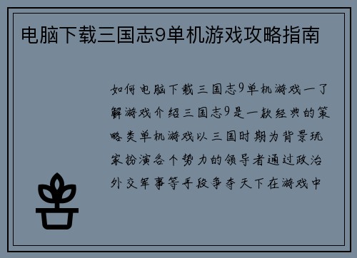 电脑下载三国志9单机游戏攻略指南