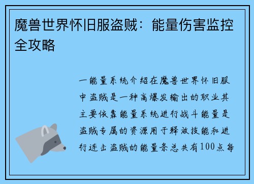 魔兽世界怀旧服盗贼：能量伤害监控全攻略