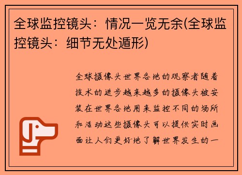 全球监控镜头：情况一览无余(全球监控镜头：细节无处遁形)